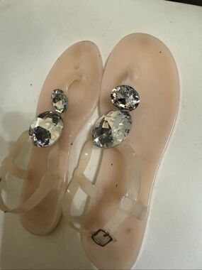 Women's Rhinestone Jelly Rubber Flat Sandals Cream Silver Size 41/8-8.5